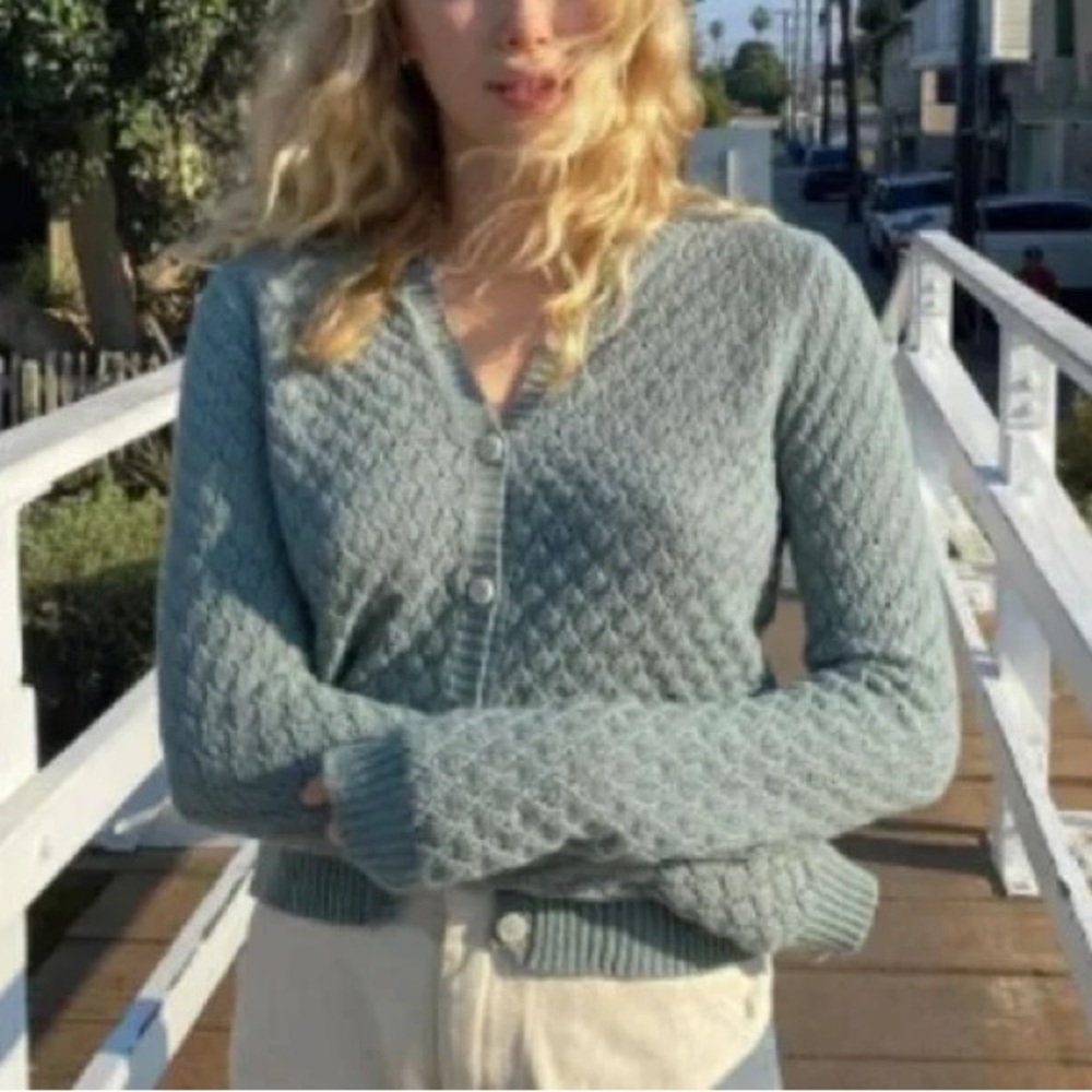 Brandy Melville Olsen Wool Pointelle Knit Cardigan in Sage Green
